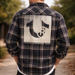 True Religion Travertine Flannel Black Plaid Button Up Shirt Men’s Small Y2K Pop